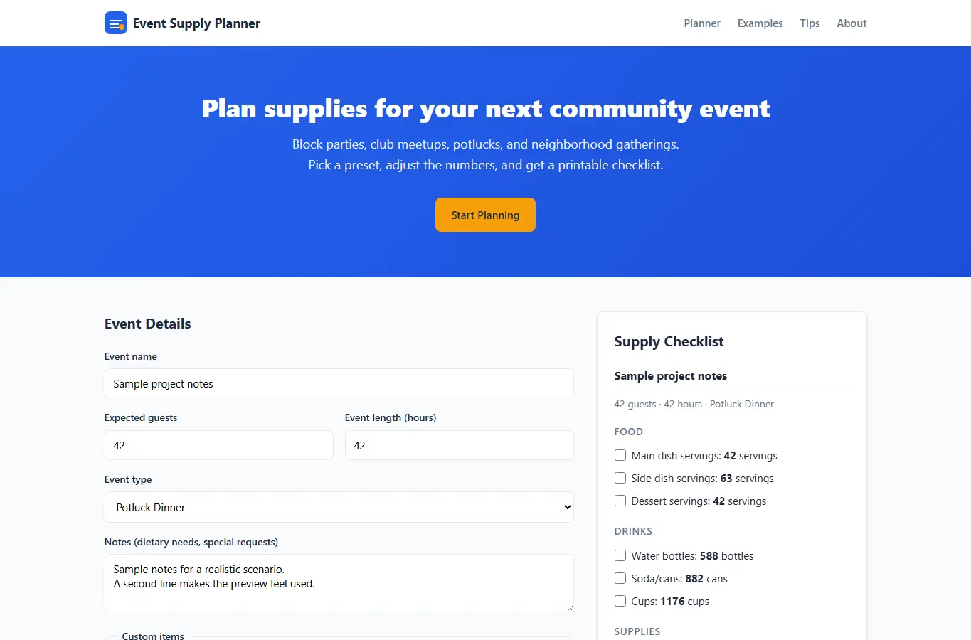 Screenshot of Community Event Supply Planner interface showing the project page in use